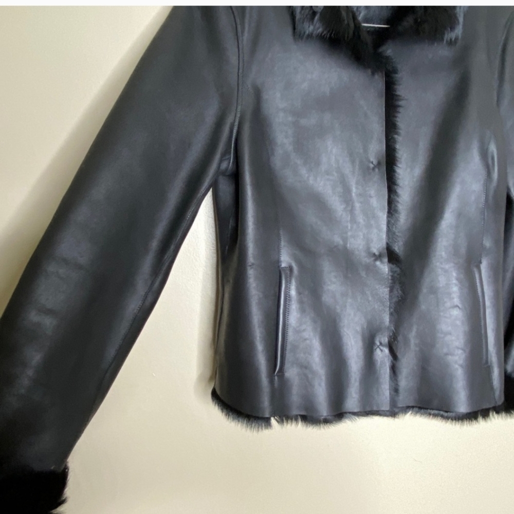 WORTH Coat soft Leather and Fur Black Jacket Small like new - Picture 4 of 11